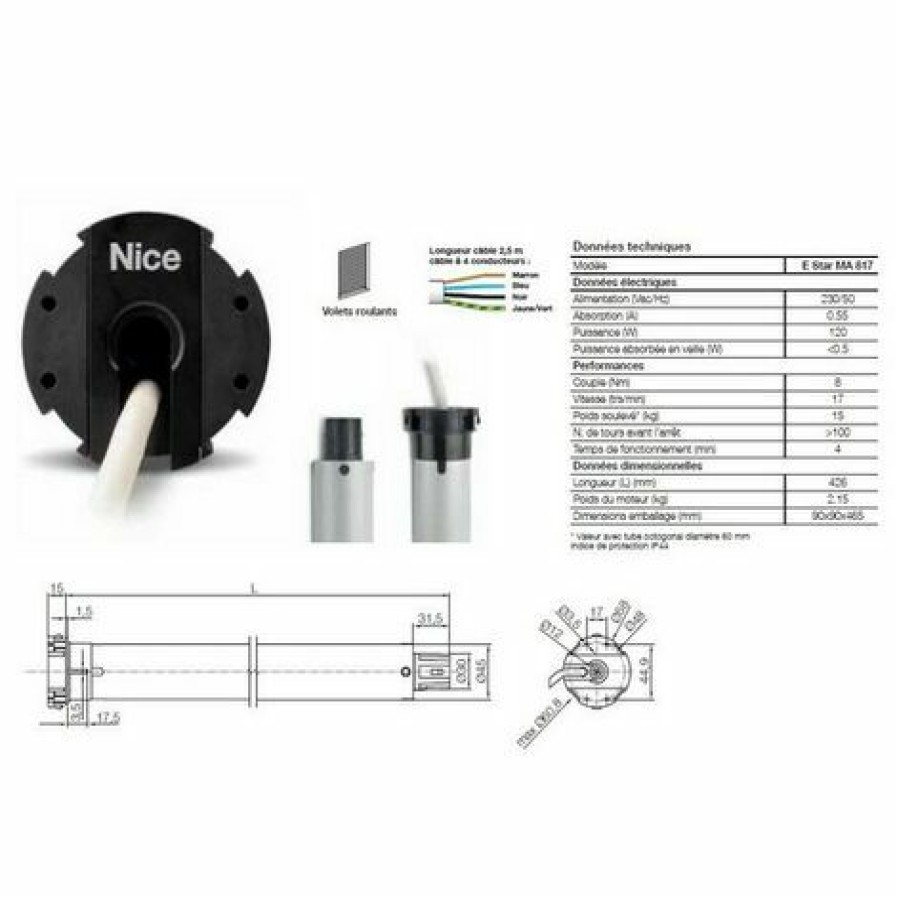 Electricit * | Moteur Era Star M O45Mm,Filaire 8Nm 17Rpm, Max 15Kg,Fin Course Electronique Nice Estarma817.