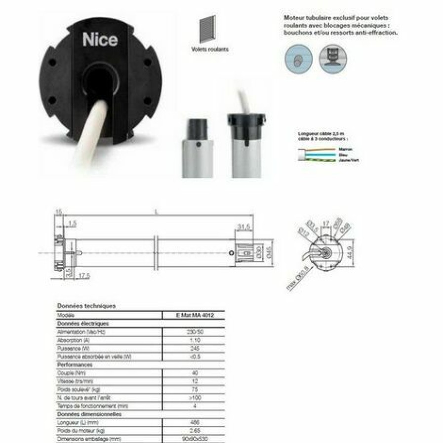 Electricit * | Moteur Era Mat Mao45Mm,Recepteur Int.40Nm 12Rpm,Max 75Kg,Fin Course Electr. Nice Ematma4012.