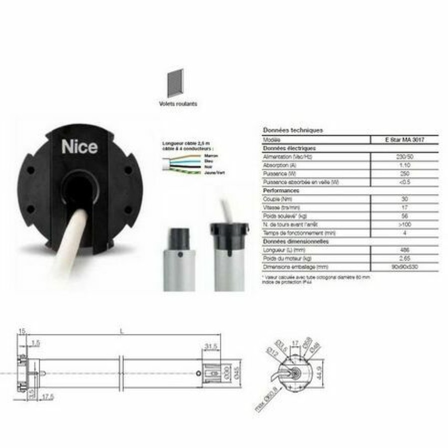 Electricit * | Moteur Era Star Mp O45Mm,Filaire 30Nm 17Rpm,Max 56Kg,Fin Course Electroniq. Nice Estarmp3017.