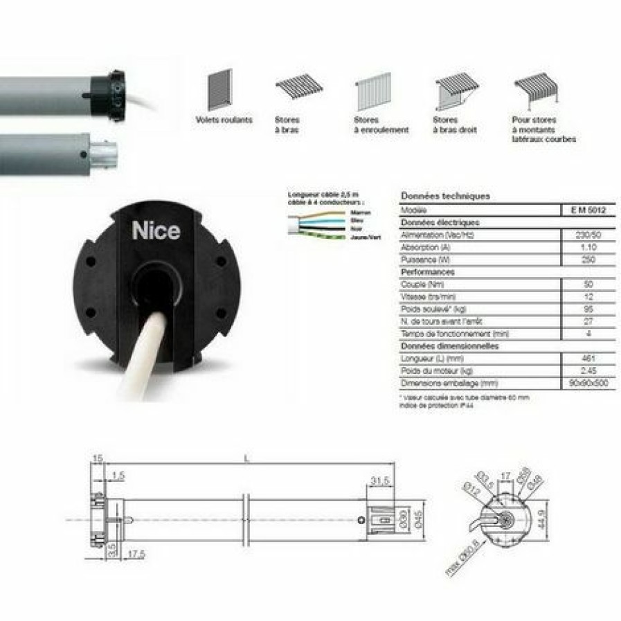 Electricit * | Moteur Era M O 45 Mm, Filaire, Fin Course Mecanique, 50 Nm, 12Rpm, 95Kg, Nice Em5012.