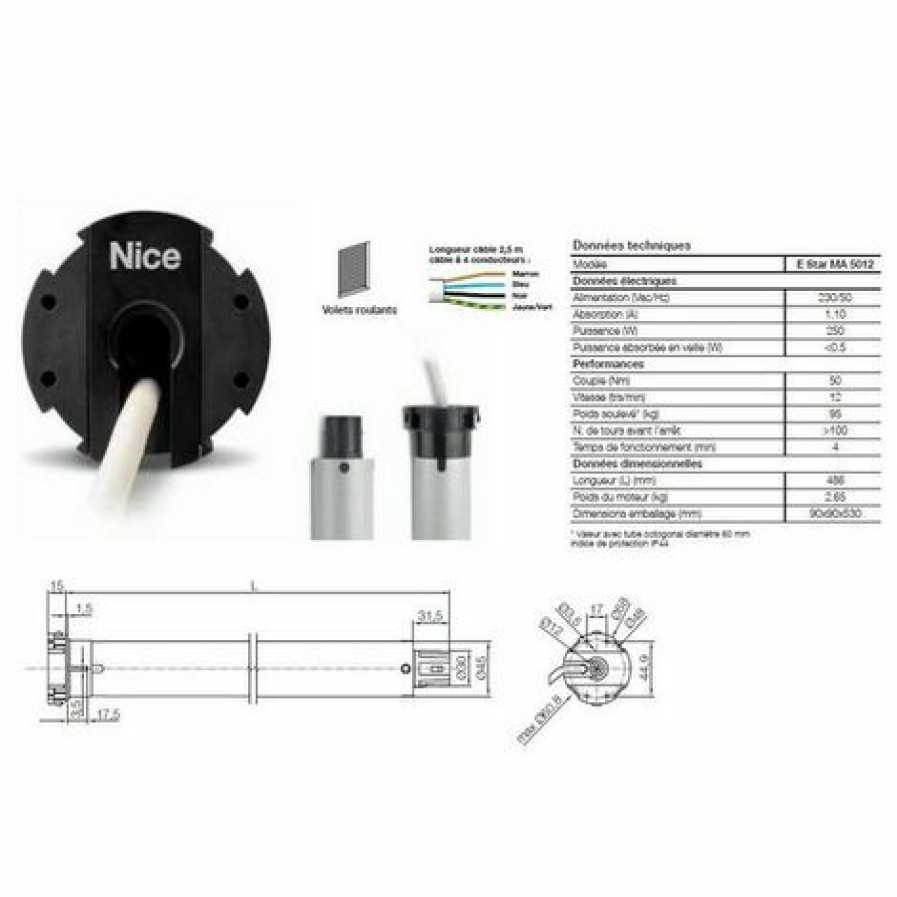 Electricit * | Moteur Era Star M O45Mm,Filaire 50Nm 12Rpm,Max 95Kg,Fin Course Electronique Nice Estarma5012.