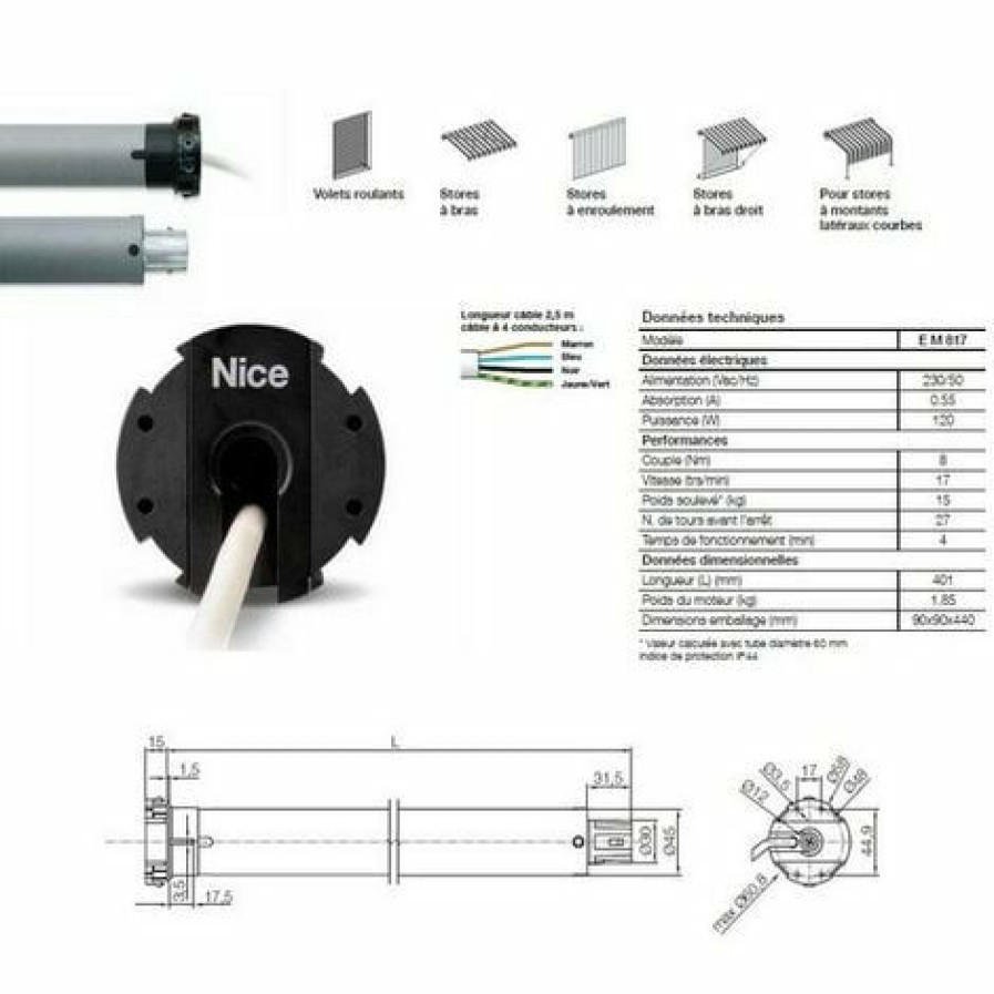 Electricit * | Moteur Era M O 45 Mm, Filaire, Fin Course Mecanique, 8 Nm, 17Rpm, 15 Kg, Nice Em817.