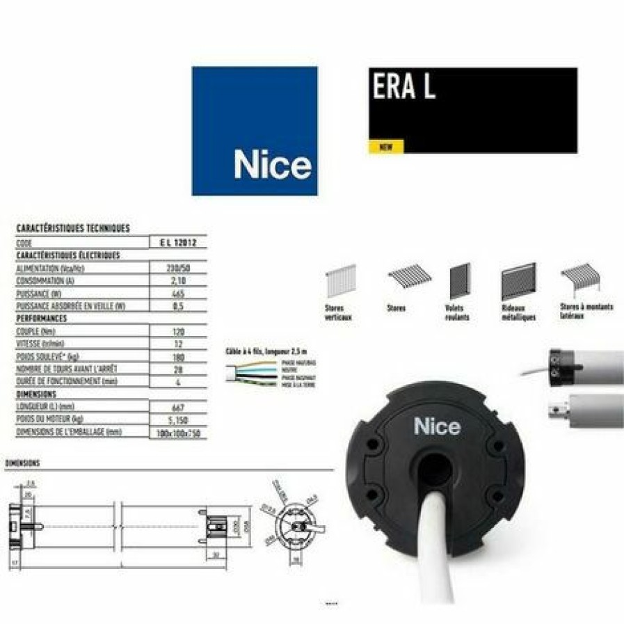 Electricit * | Moteur Era L O 58 Mm, Filaire, Fin Course Mecanique, 120 Nm, 180 Kg, Nice El12012.