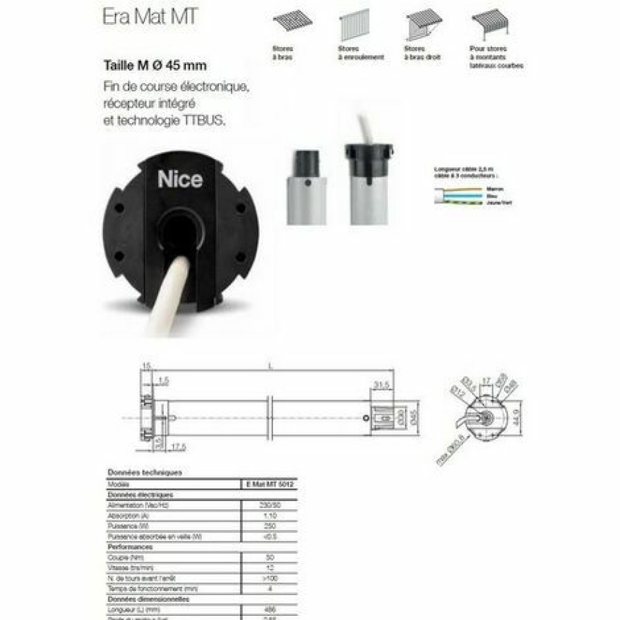 Electricit * | Moteur Era Mat Mt O 45 Mm, Recepeur Int.,Fin Course Electr.,40Nm,12Rpm Nice Ematmt5012.