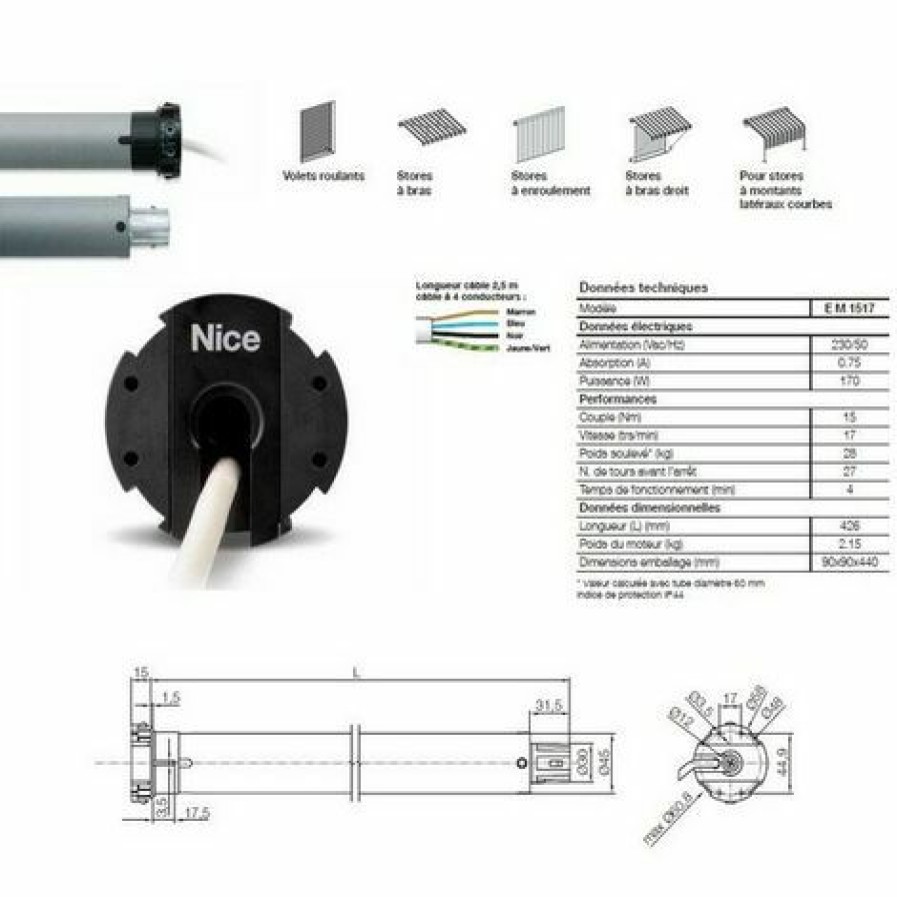 Electricit * | Moteur Era M O 45 Mm, Filaire, Fin Course Mecanique, 15 Nm, 17Rpm, 28Kg, Nice Em1517.