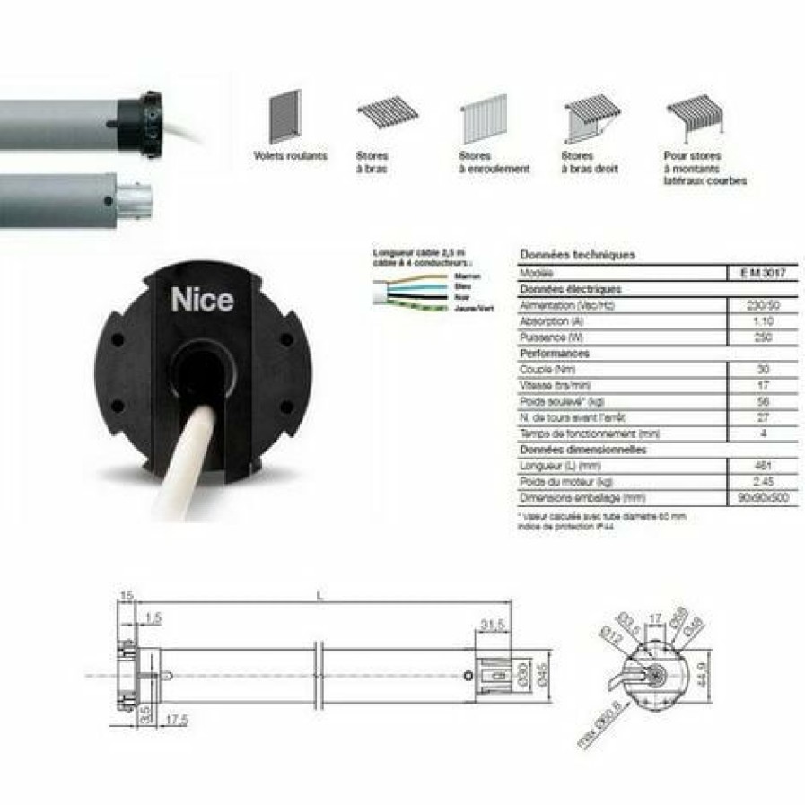 Electricit * | Moteur Era M O 45 Mm, Filaire, Fin Course Mecanique, 30 Nm, 17Rpm, 56Kg, Nice Em3017.