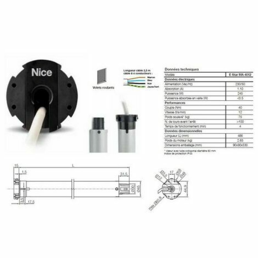 Electricit * | Moteur Era Star M O45Mm,Filaire 40Nm 12Rpm,Max 75Kg,Fin Course Electronique Nice Estarma4012.