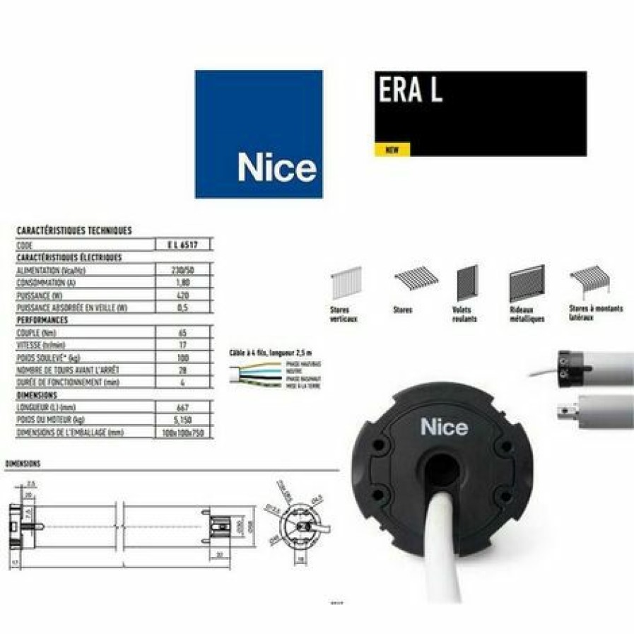 Electricit * | Moteur Era L O 58 Mm, Filaire, Fin Course Mecanique, 65 Nm, 100 Kg, Nice El6517.