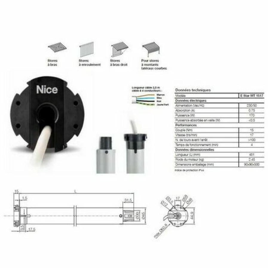 Electricit * | Moteur Era Star Mt O45Mm,Filaire 15Nm 17Rpm,Max,Fin Course Electronique Nice Estarmt1517.