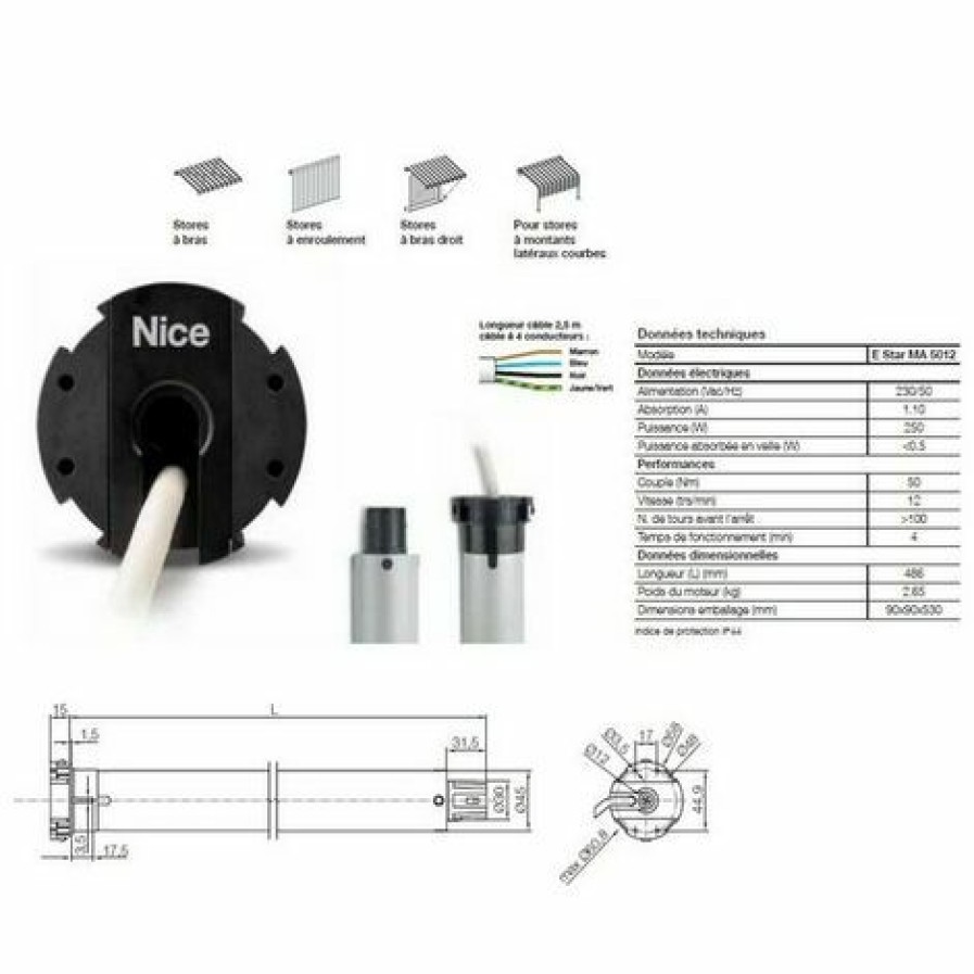 Electricit * | Moteur Era Star Mt O45Mm,Filaire 50Nm 12Rpm,Max,Fin Course Electronique Nice Estarmt5012.