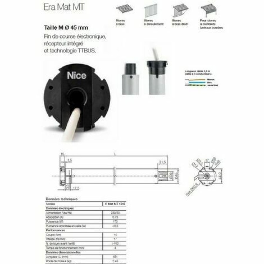 Electricit * | Moteur Era Mat Mt O 45 Mm, Recepeur Int.,Fin Course Electr.,15Nm,17Rpm Nice Ematmt1517.