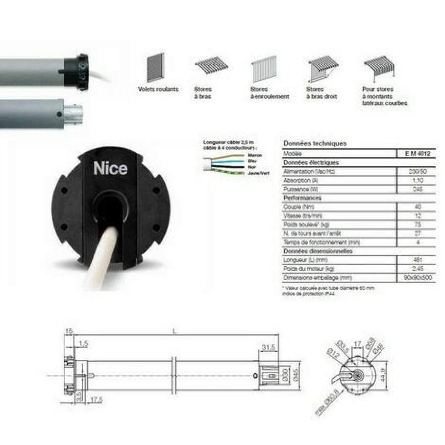 Electricit * | Moteur Era M O 45 Mm, Filaire, Fin Course Mecanique, 40 Nm, 12Rpm, 75Kg, Nice Em4012.